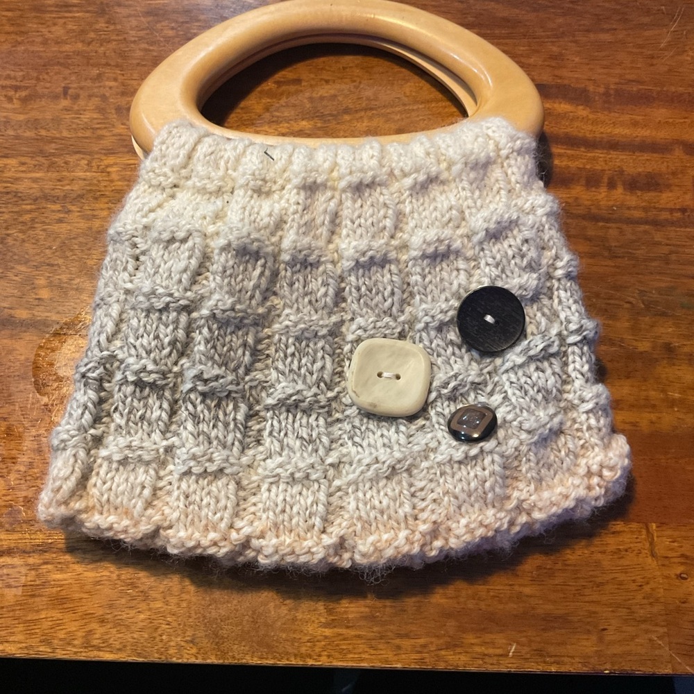 Handcrafted Beige Knit Bag with Wooden Handle